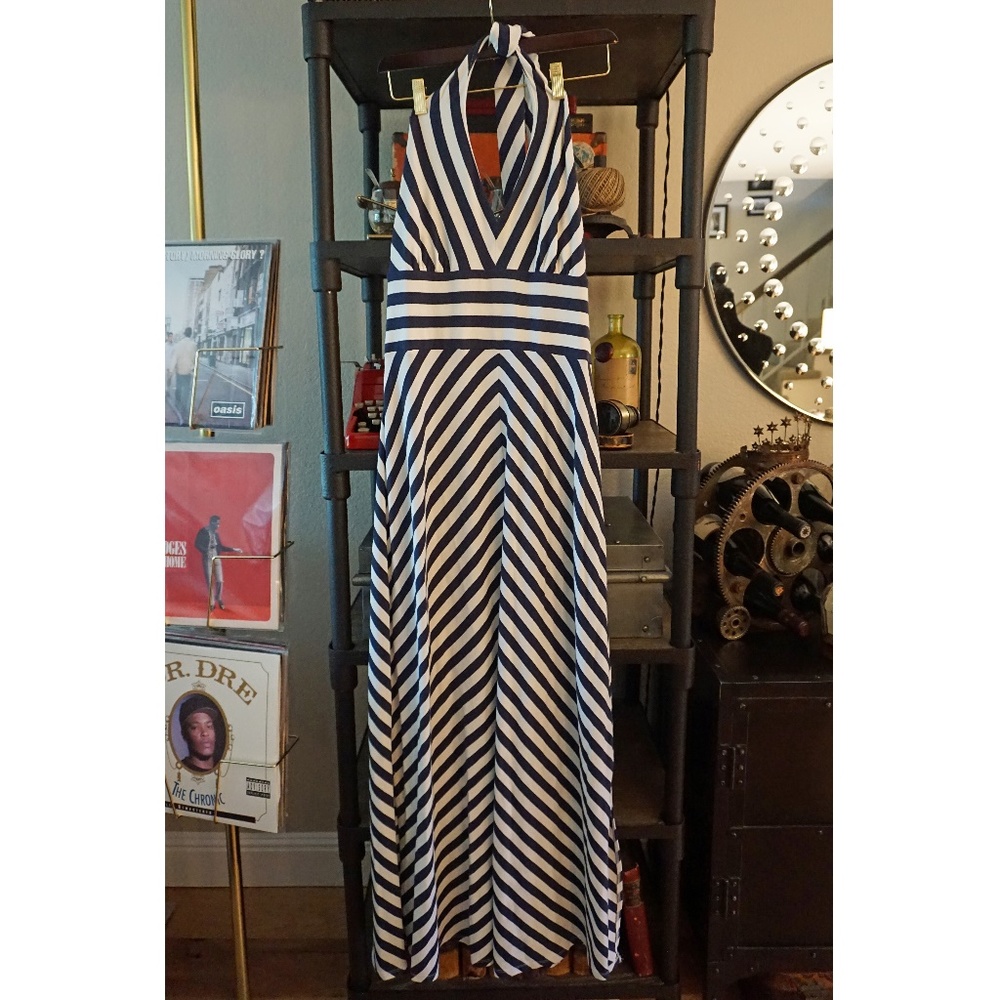 Banana Republic Navy and White Striped Halter Maxi Dress